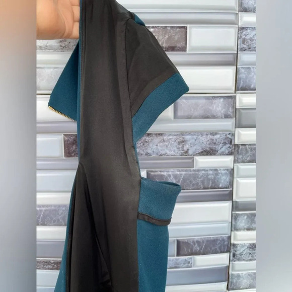 ROLAND MOURET JEDDLER TEAL CREPE CAP SLEEVE DRESS SIZE 14 - Picture 9 of 14